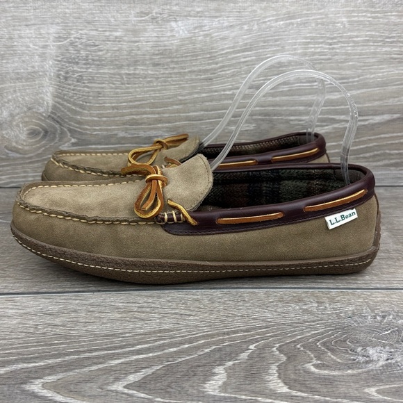 L.L. Bean Hand-Sewn Flannel Lined Men\'s Sz 9M Tan Brown Slip On Moccasin Loafers main image 7